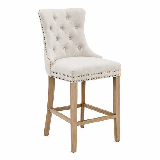 Taburete de lino beige con estructura de madera