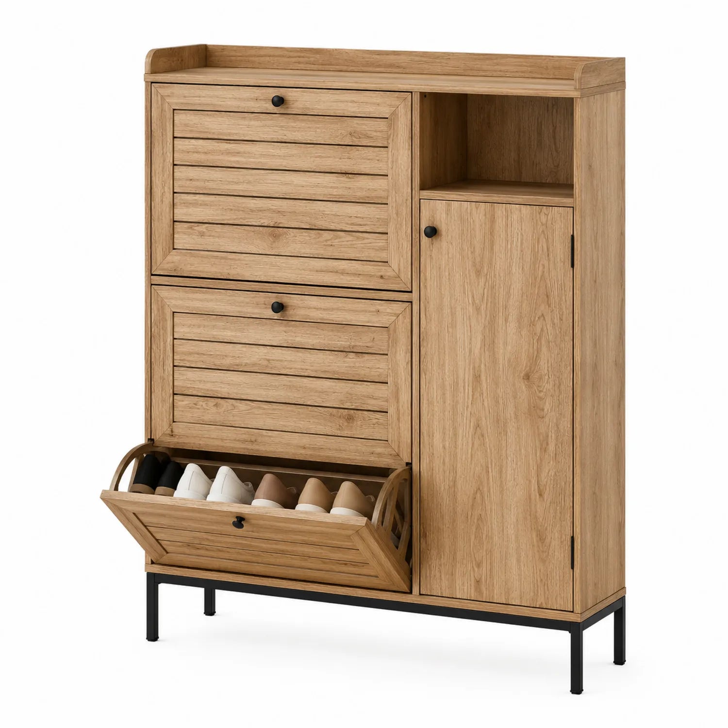 Mueble zapatero de madera y acero con compartimentos 107x90x33 cm
