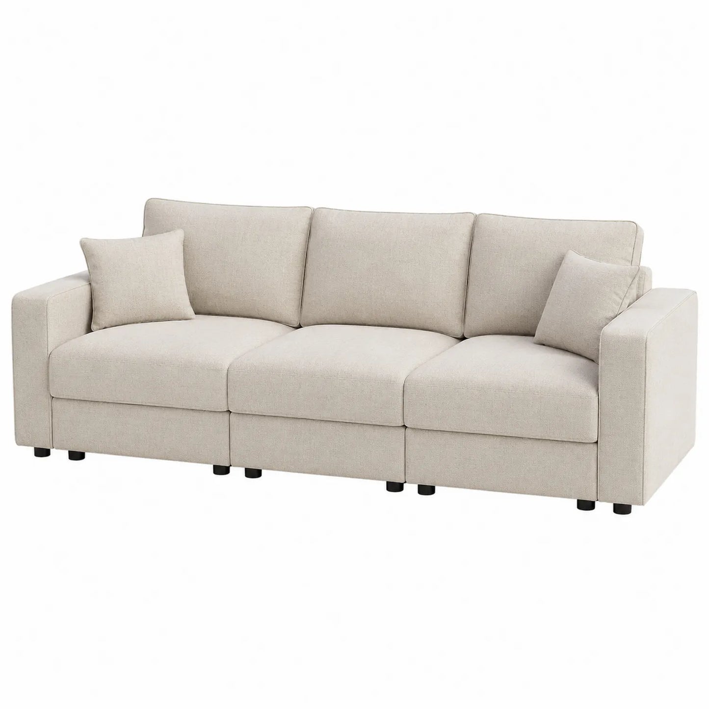 Sof¨¢ de tres plazas de poli¨¦ster beige con cojines 220x90x85 cm