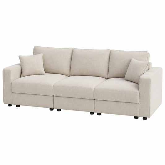 Sof¨¢ de tres plazas de poli¨¦ster beige con cojines 220x90x85 cm