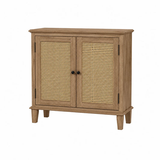 Aparador de Madera con Puertas de Rejilla de Rat¨¢n 80x40x90 cm