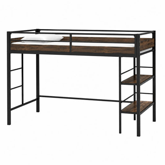 Cama alta de metal y MDF con escalera y estantes 196x90x180 cm Negro/Marr¨®n