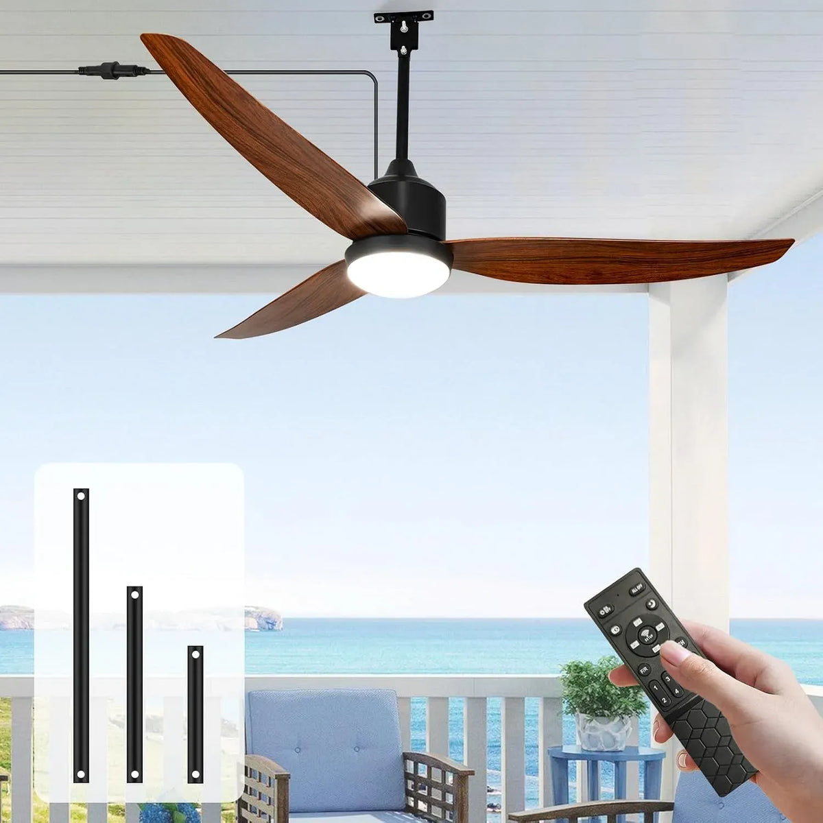 Ventilateur, 132 cm, extérieur, IP65, 2 zones de température, 3 ailes pour tente de terrasse, 6 vitesses réversibles, moteur CC étanche