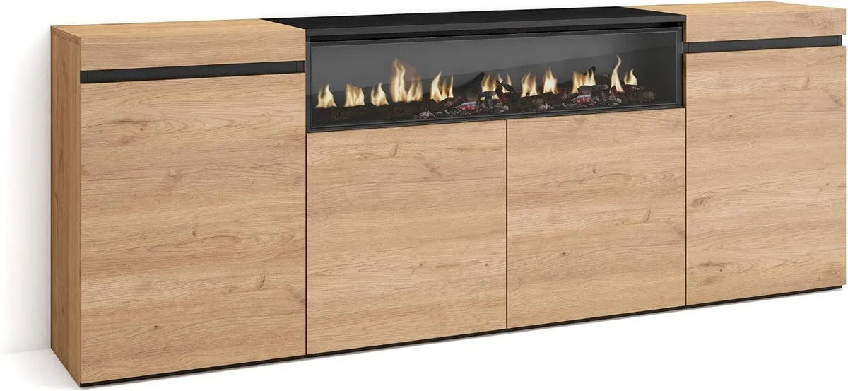 Cheminée électrique, Skraut Home, pour Buffet Salon et Cuisine, 200x75x35cm, 4 Portes, Meuble de Rangement, Commode