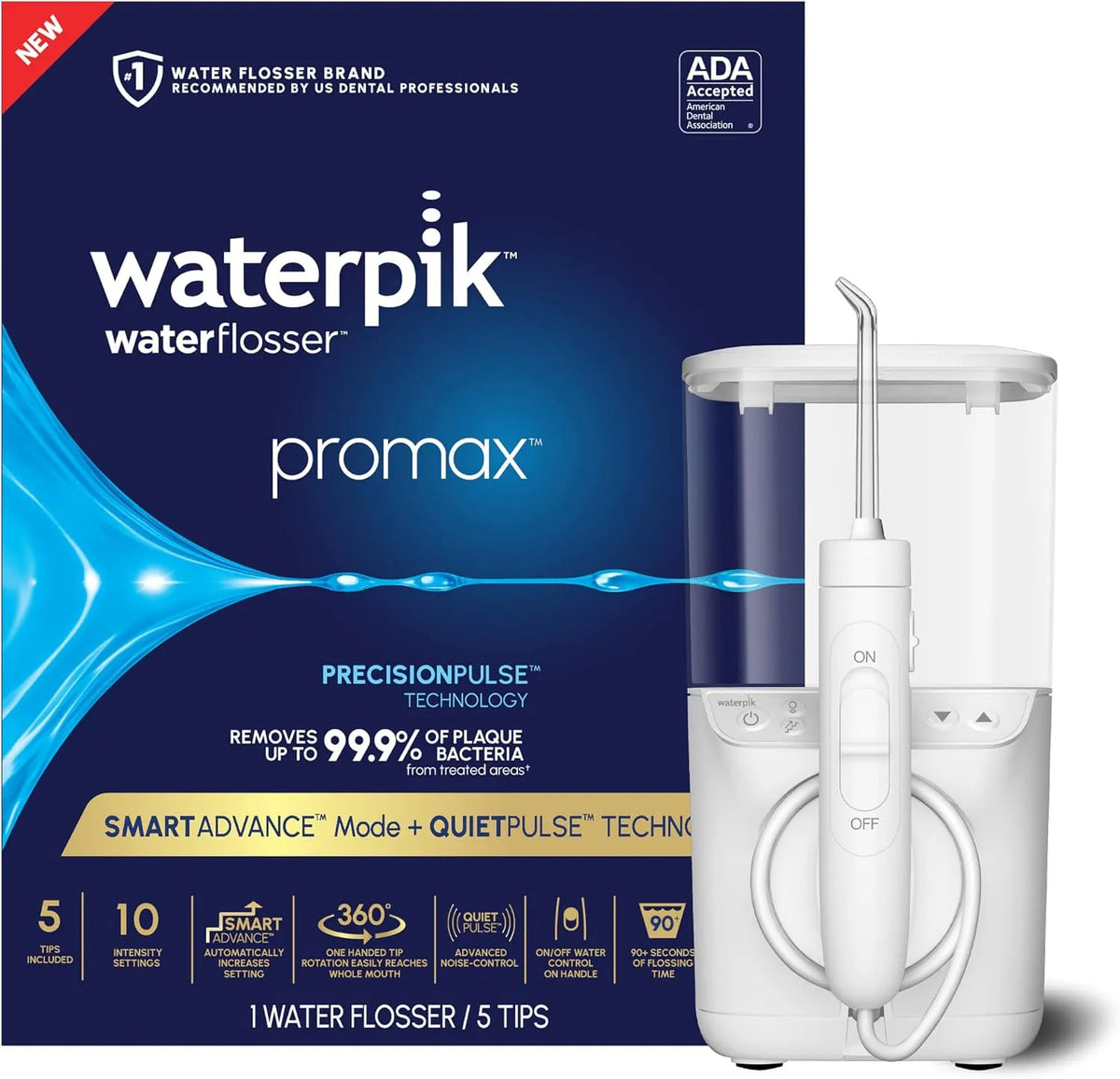 appareils dentaires, Waterpik Promax, Hydropulseur avec mode SmartAdvance pour la santé quotidienne des gencives et le nettoyage des dents, acceptés