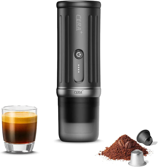 Machine à expresso, CERA+, portable, camping, Jusqu'à 8 Tasses par Charge 20 Bar, CERApresso Compatible Capsules NS & Café Moulu, 3*4500mAh