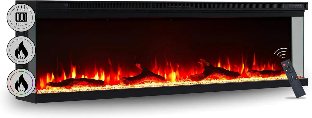 Radiateur électrique, 60 pouces, 1800 W, encastrable, minuteur, thermostat, effet 3D, noir, Effet Flamme 3D LED, Cheminée électrique BALDERIA Orson