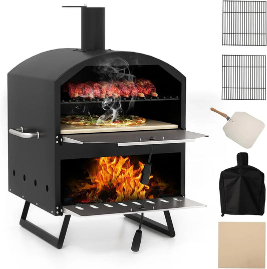 Four électrique à pizza, 40,5cm, GYMAX, extérieur, gril, camping, 2 zones de température, Pierre de Cuisson 40,5cm, 510°C, 40,5 cm