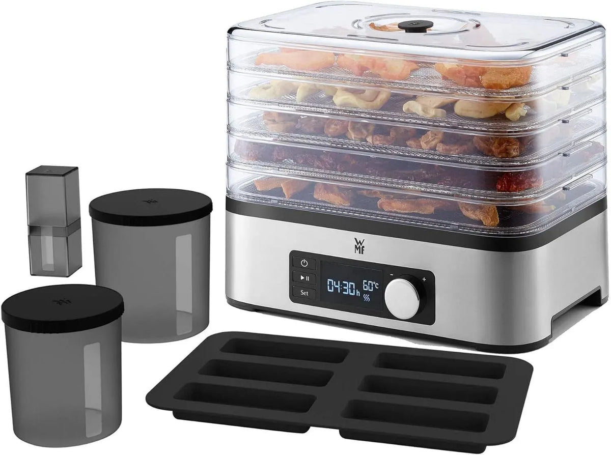 WMF KITCHENminis Déshydrateur, Inox, 400 W, 5 Plateaux sans BPA, Cromargan 0415250011, Programmable Fruits séchés légumes champignons déshydratés